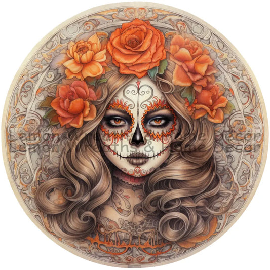 Blonde Beauty With Orange Flowers Day Of The Dead Metal Sign 6