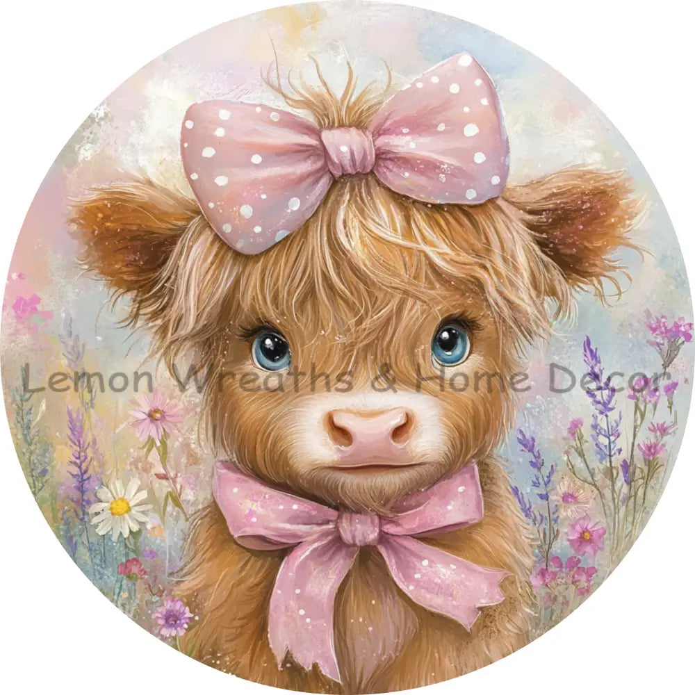 Blue Eyed Highland Cow With Pink Bow Metal Sign