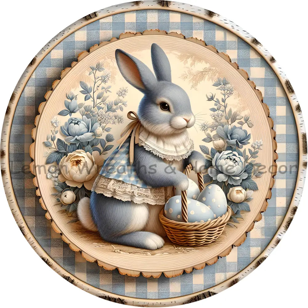 Blue Gingham Vintage Rabbit Metal Sign