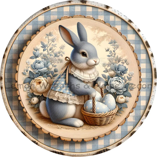 Blue Gingham Vintage Rabbit Metal Sign