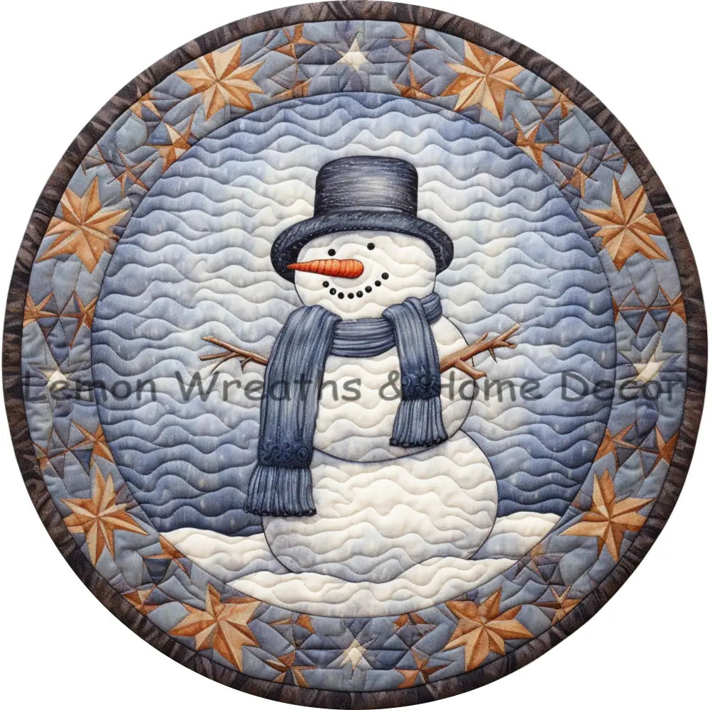 Blue Snowman With Gold Stars Quilted Look Metal Sign