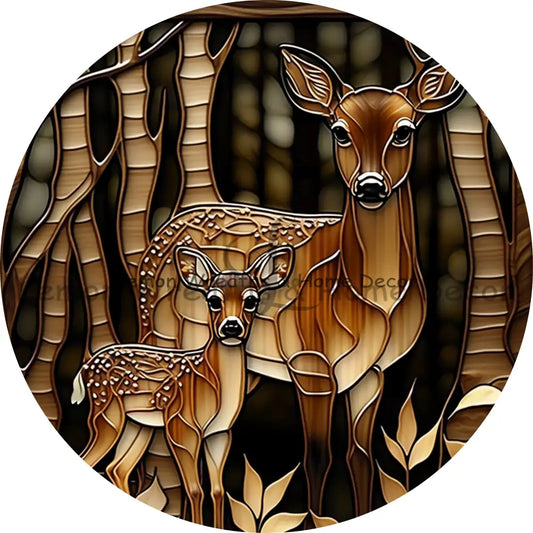 Bronze Deer Scene Faux Stained Glass Metal Sign Circle 8