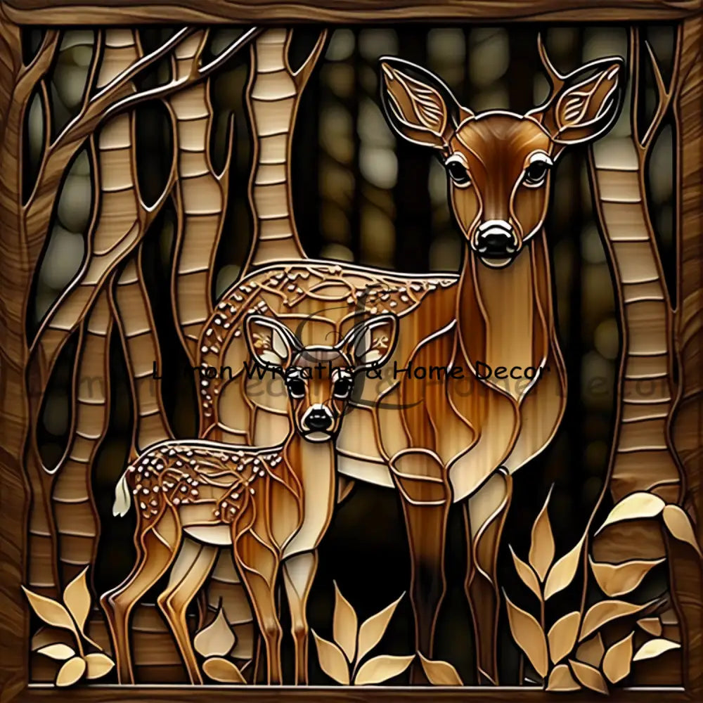 Bronze Deer Scene Faux Stained Glass Metal Sign Square 8