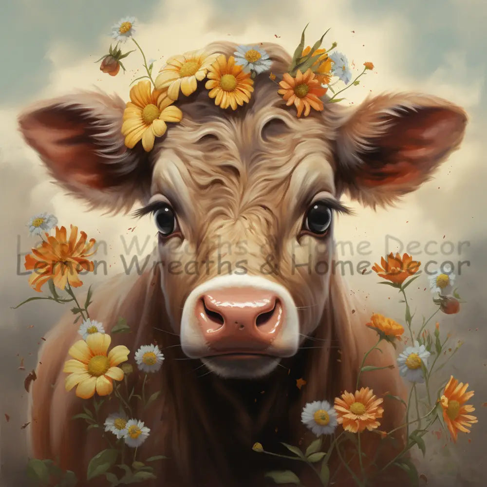 Brown Cow Floral Crown Metal Sign