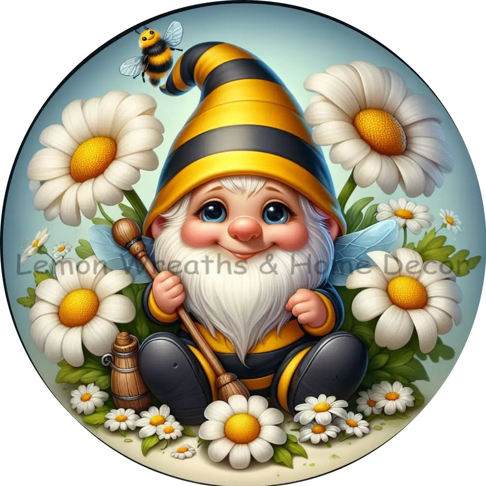 Bumble Bee Gnome With Daisies Metal Sign