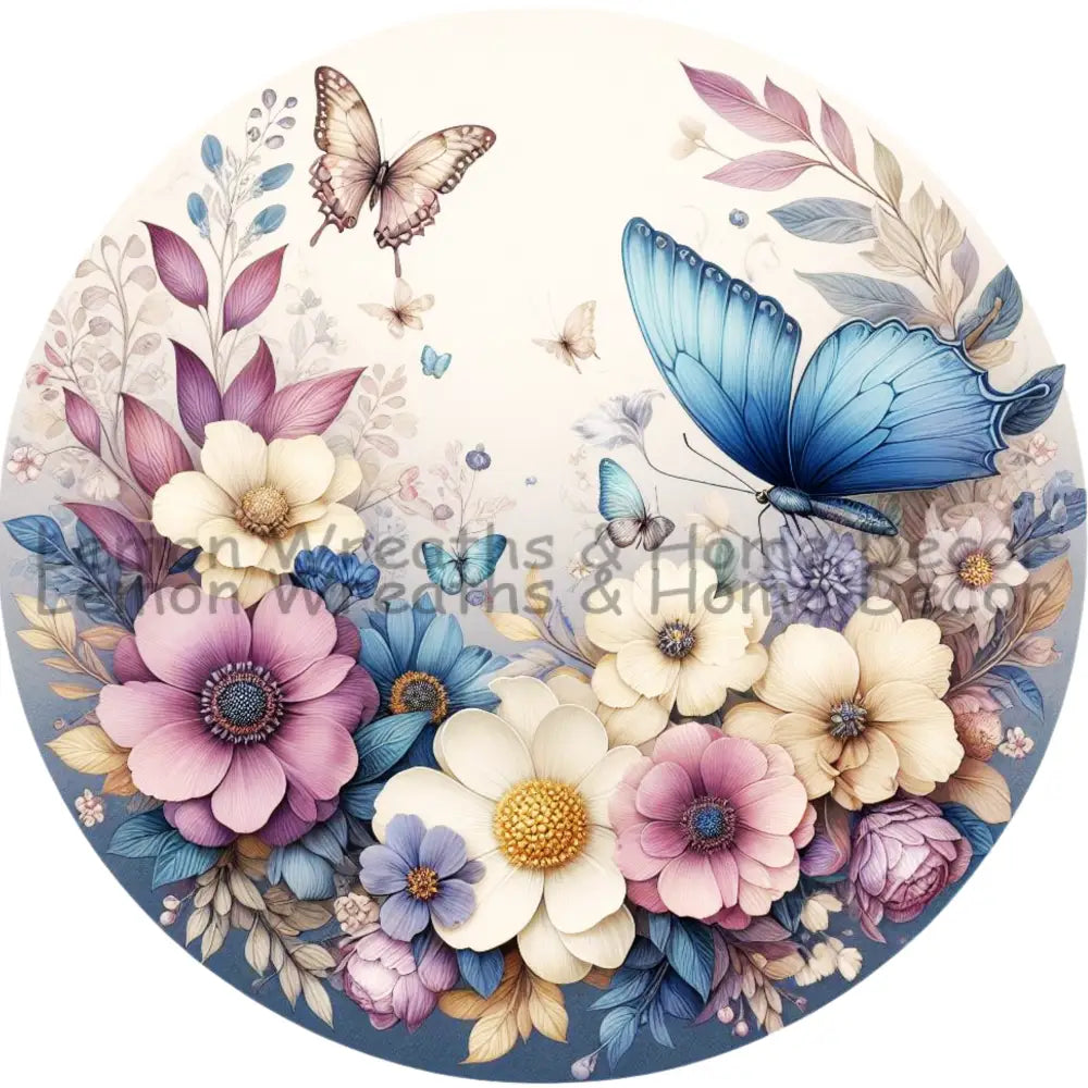 Butterflies And Magnolias Mauve Blue Ivory Metal Sign