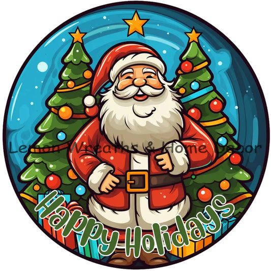 Cartoon Santa With Double Trees Metal Sign 6 / Happy Holidays