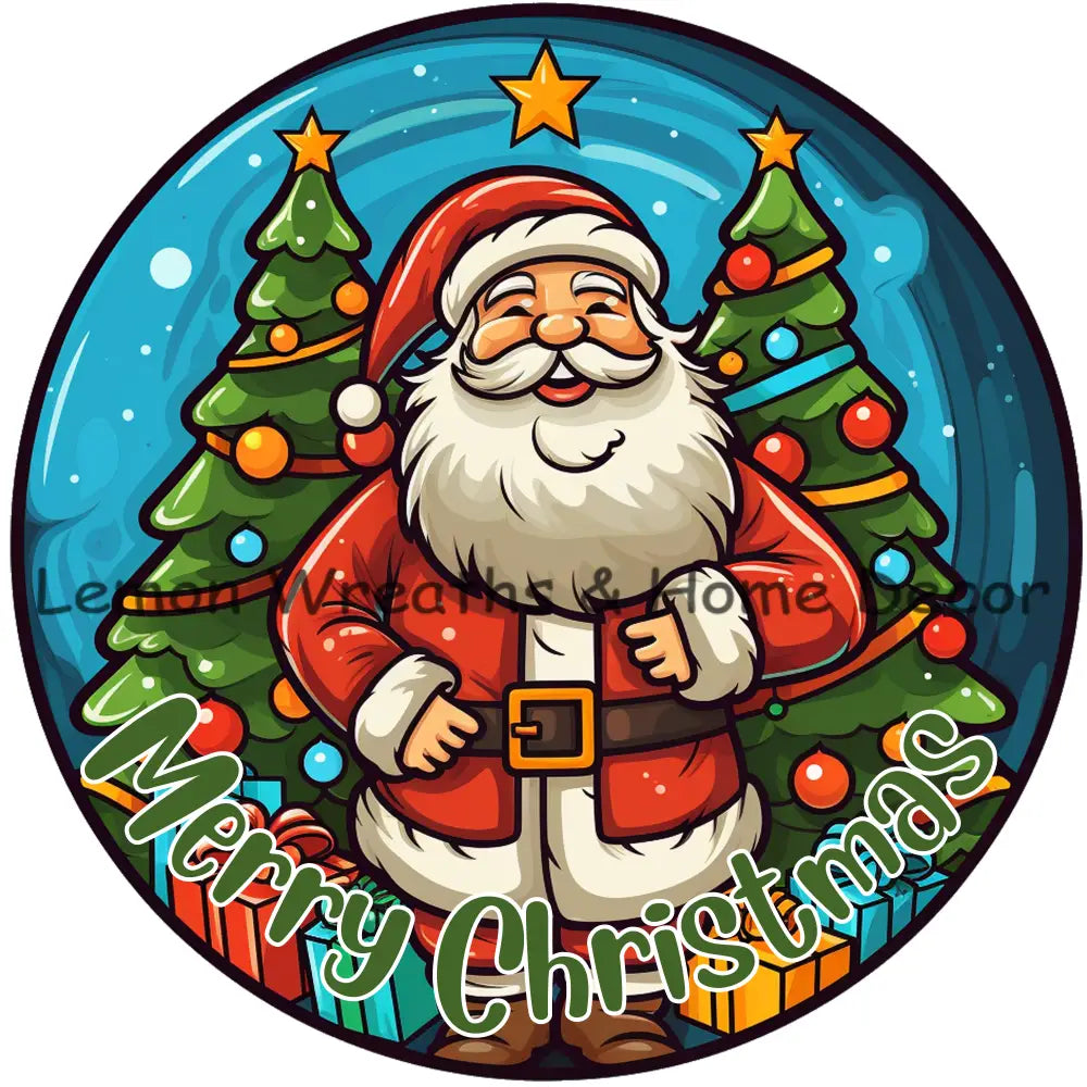 Cartoon Santa With Double Trees Metal Sign 6 / Merry Christmas
