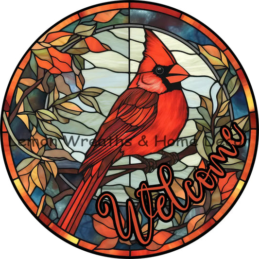 Christmas Cardinal Faux Stained Glass Metal Sign 6 / Welcome