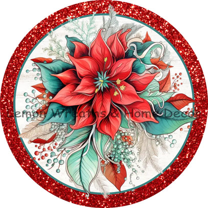 Christmas Poinsettia Glitter Border Metal Sign 6 / No Text