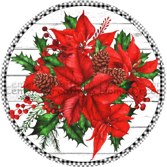 Christmas Poinsettias Buffalo Check Metal Sign