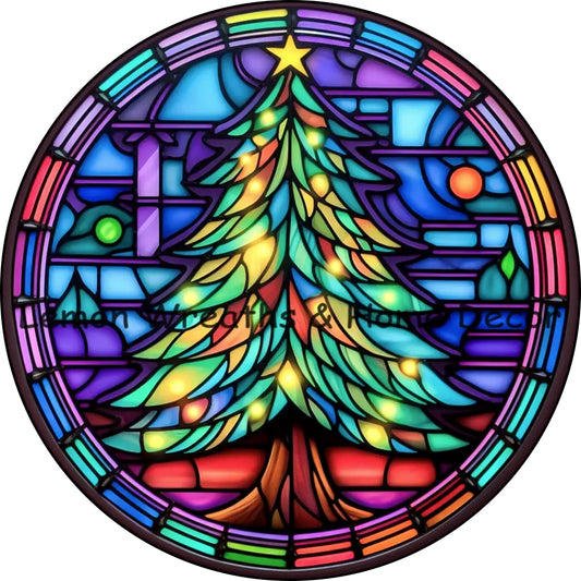 Colorful Christmas Tree Faux Stained Glass Metal Sign