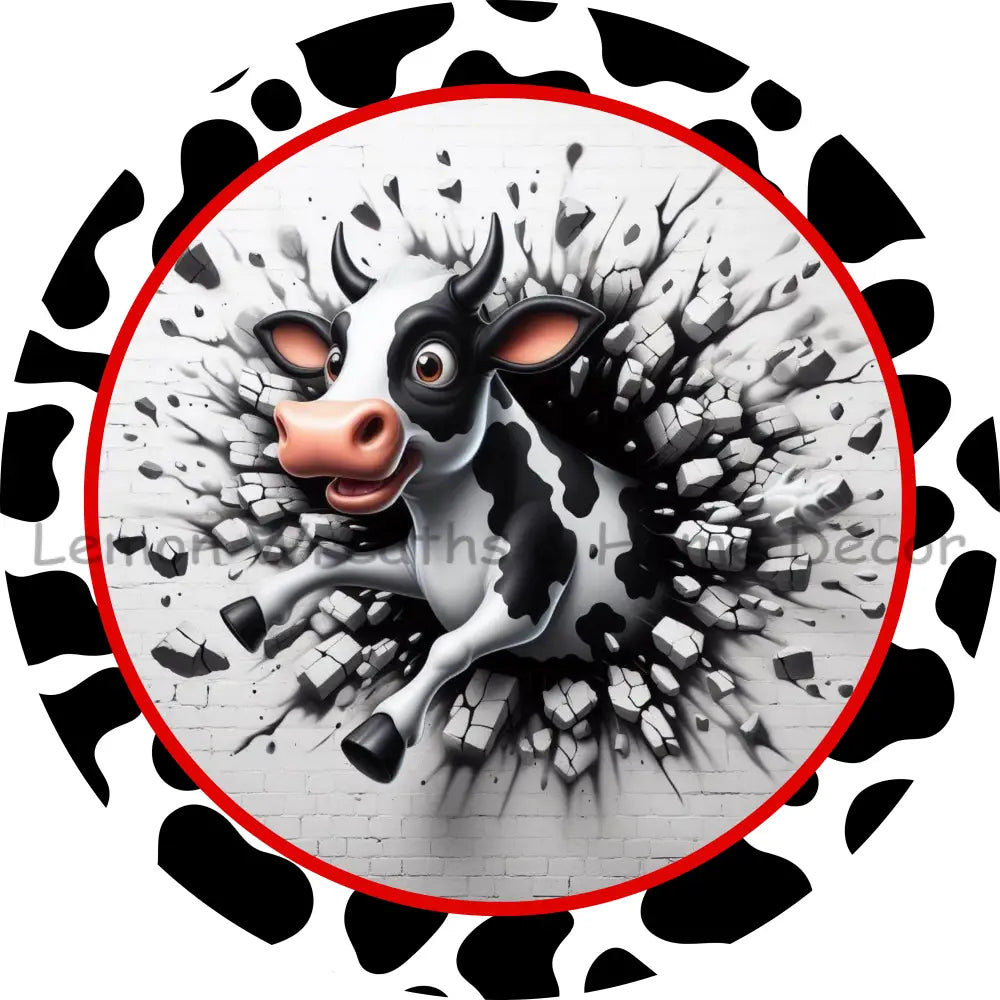 Cow Breaking Thru Brick Wall Metal Sign