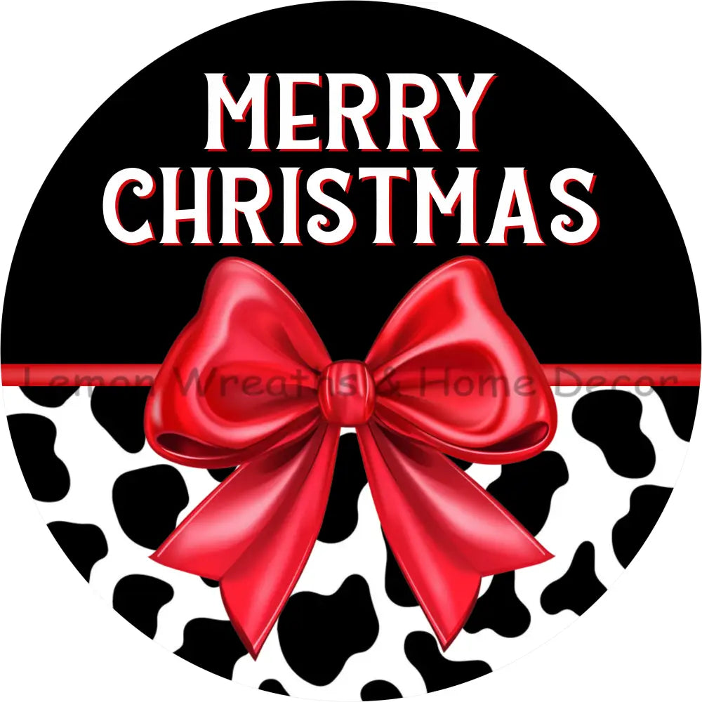 Cow Print Merry Christmas Red Bow Metal Sign