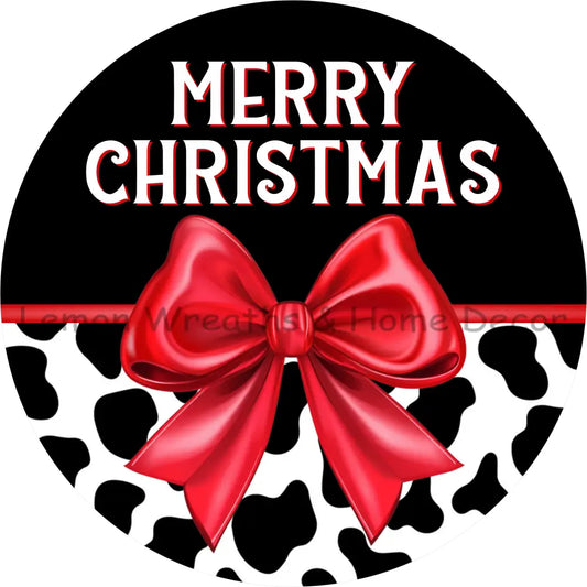 Cow Print Merry Christmas Red Bow Metal Sign