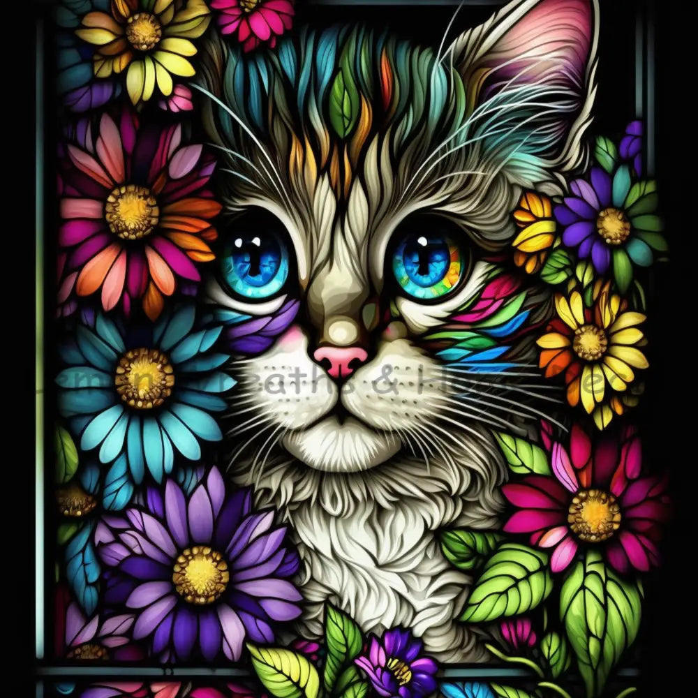 Cute Cat Colorful Daisies Faux Stained Glass Metal Sign 8