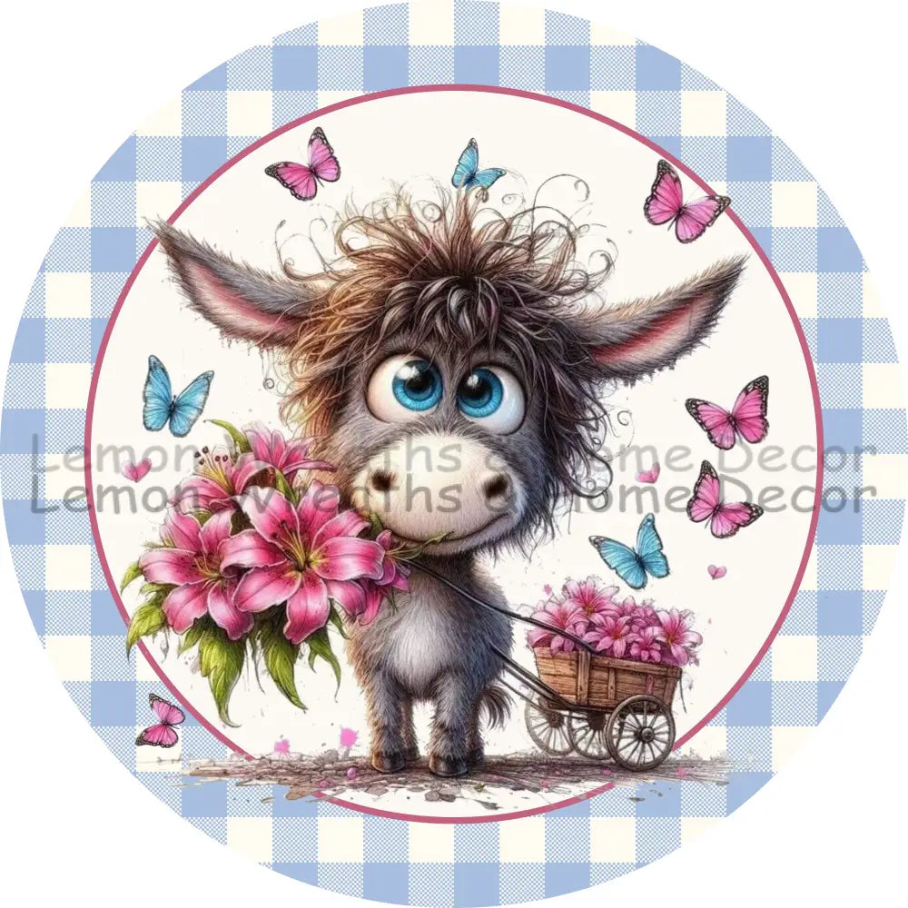 Cute Donkey Lilies And Butterflies Metal Sign