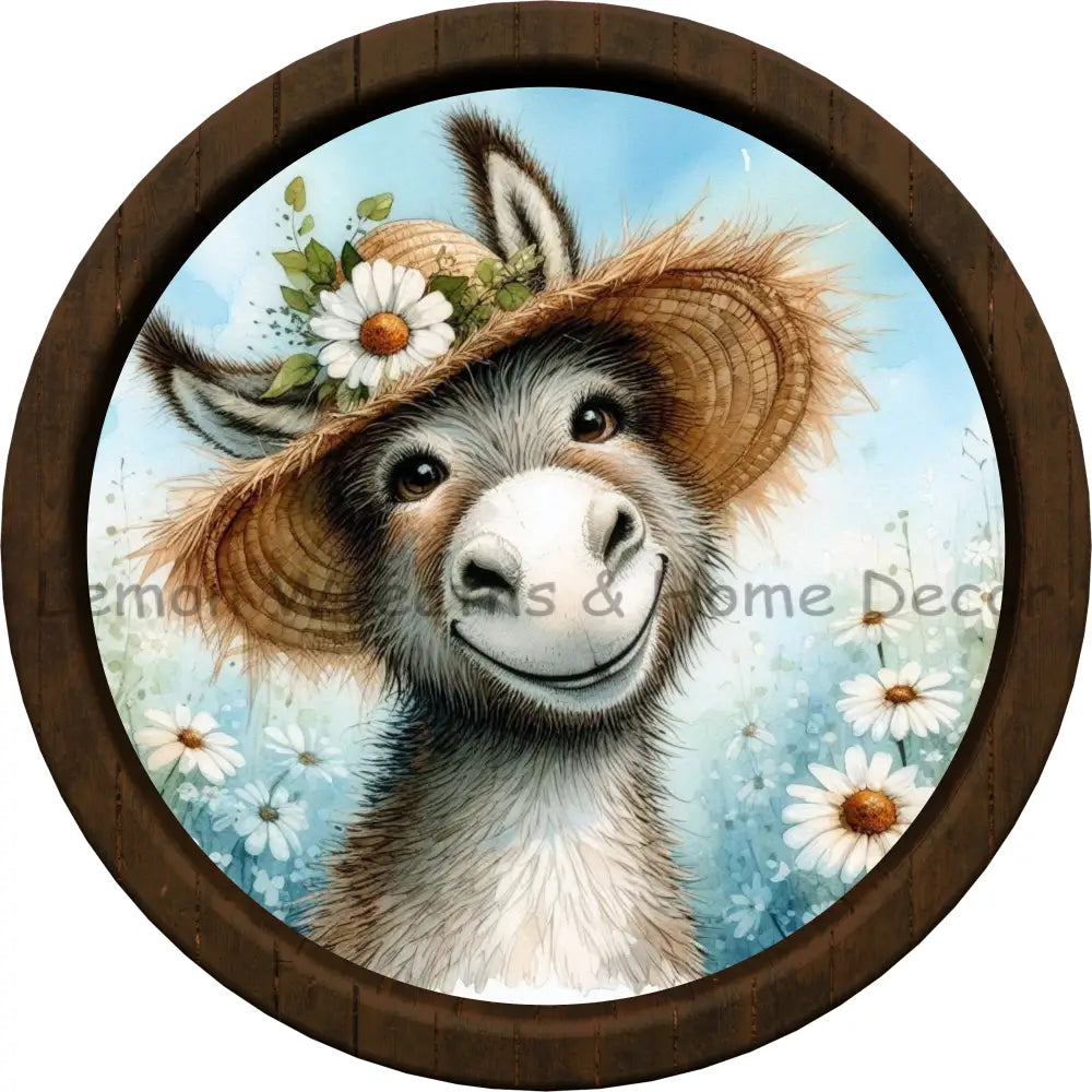 Cute Smiling Donkey Wearing Straw Hat Faux Wood Frame Metal Sign