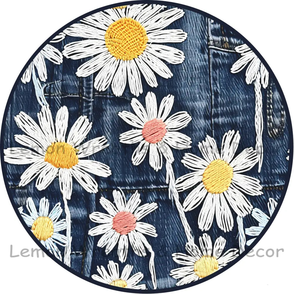 Daisy Embroidered Denim Metal Sign