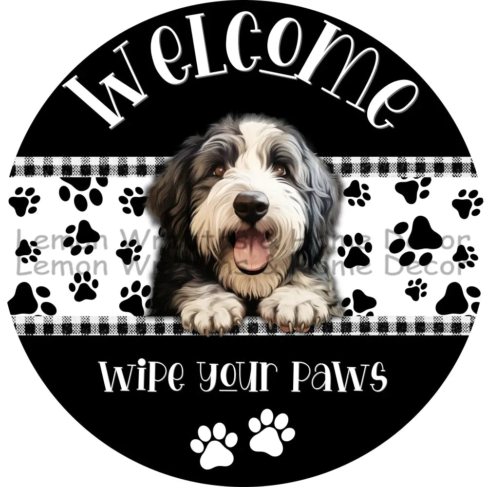 Dog Peeking Old English Sheepdog Welcome Wipe Your Paws Metal Sign