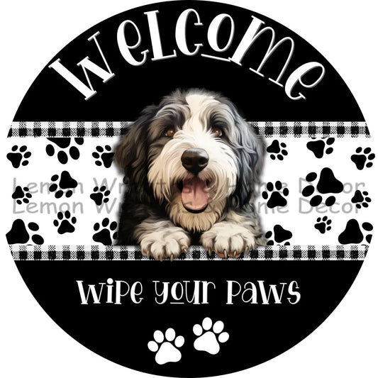Dog Peeking Old English Sheepdog Welcome Wipe Your Paws Metal Sign