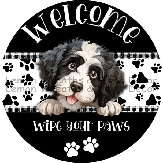 Dog Peeking Portugese Water Welcome Wipe Your Paws Metal Sign