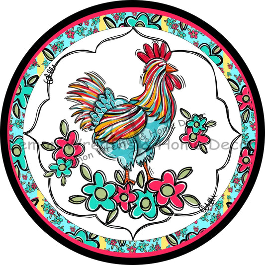 Doodle Chicken Country Flowers Metal Sign 8