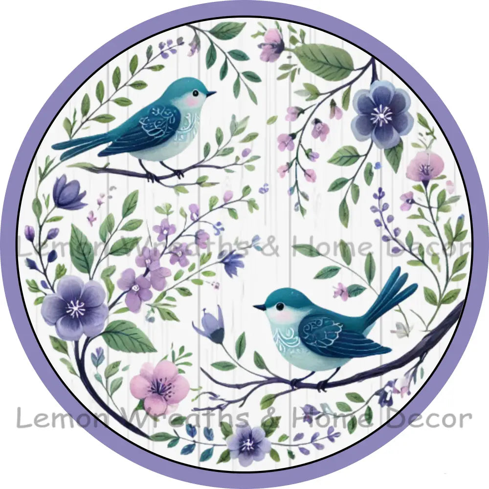 Double Bluebirds Purple Floral Metal Sign