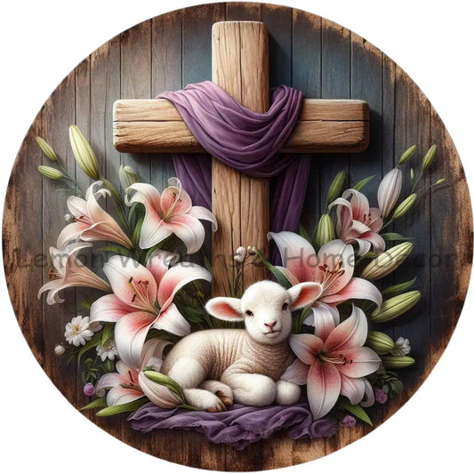 Easter Cross And Lilies Wood Background Metal Sign