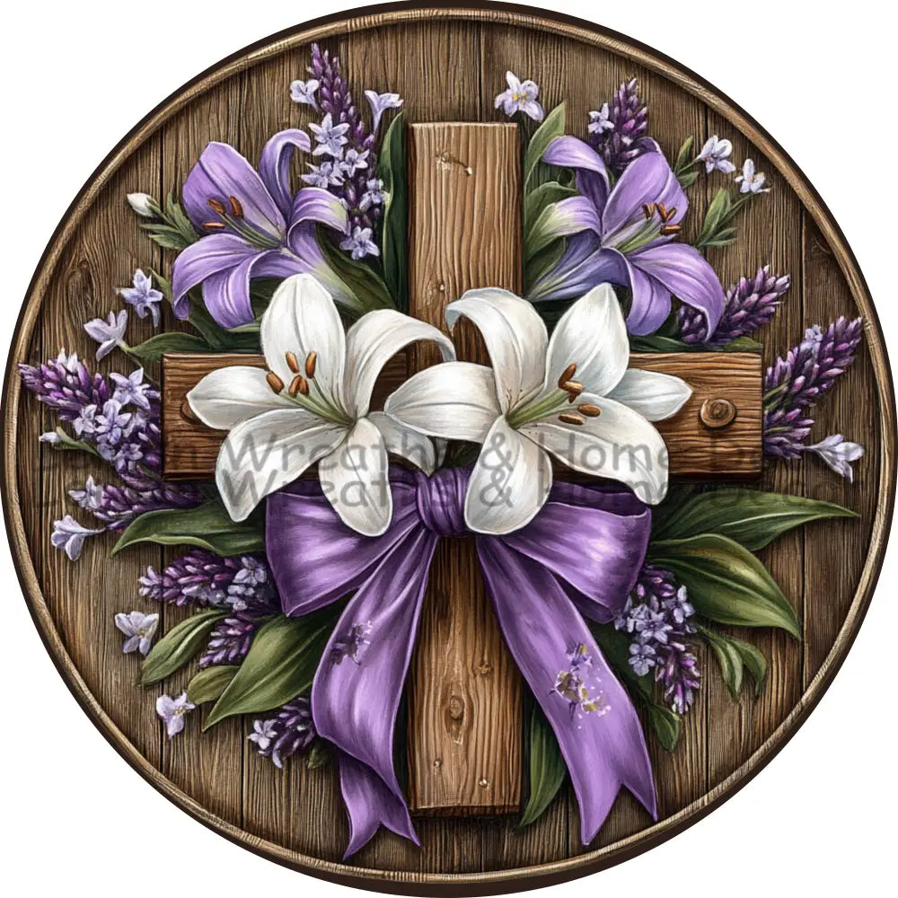 Easter Cross Lilies And Lavender Metal Sign
