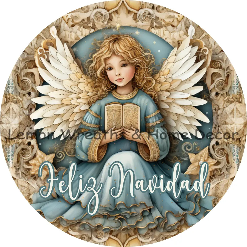 Elegant Christmas Angel Blue & Gold Metal Sign 6 / Feliz Navidad