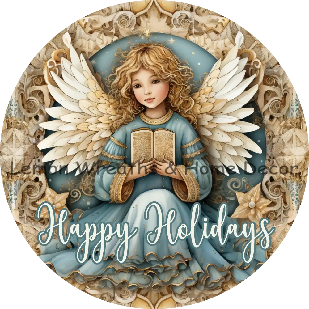 Elegant Christmas Angel Blue & Gold Metal Sign 6 / Happy Holidays