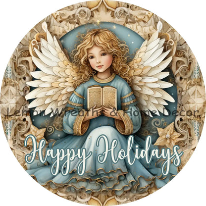 Elegant Christmas Angel Blue & Gold Metal Sign 6 / Happy Holidays