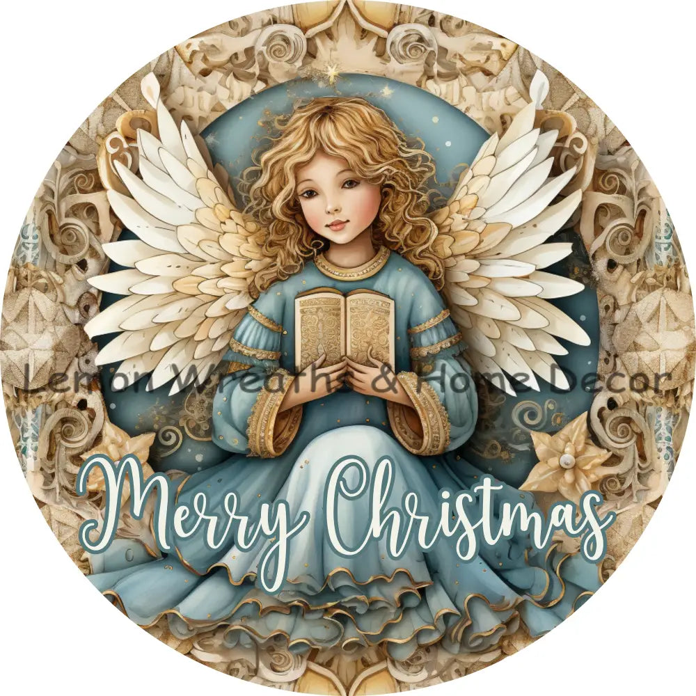 Elegant Christmas Angel Blue & Gold Metal Sign 6 / Merry