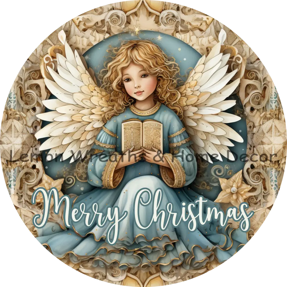 Elegant Christmas Angel Blue & Gold Metal Sign 6 / Merry