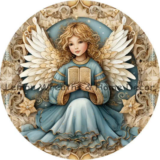 Elegant Christmas Angel Blue & Gold Metal Sign 6 / No Text