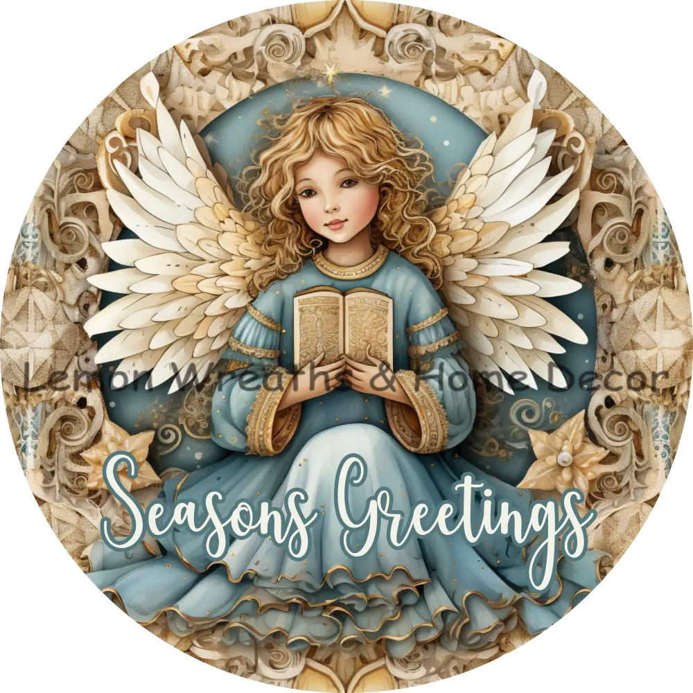 Elegant Christmas Angel Blue & Gold Metal Sign 6 / Seasons Greetings