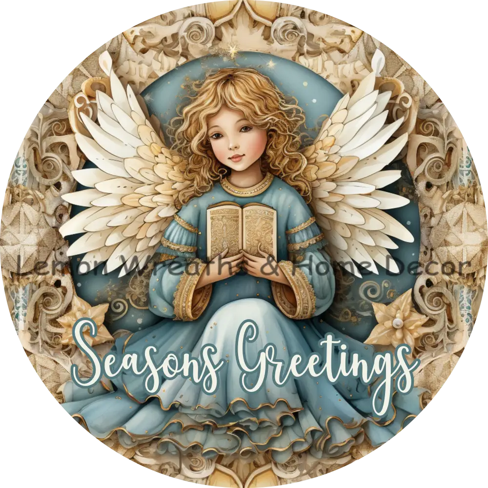 Elegant Christmas Angel Blue & Gold Metal Sign 6 / Seasons Greetings