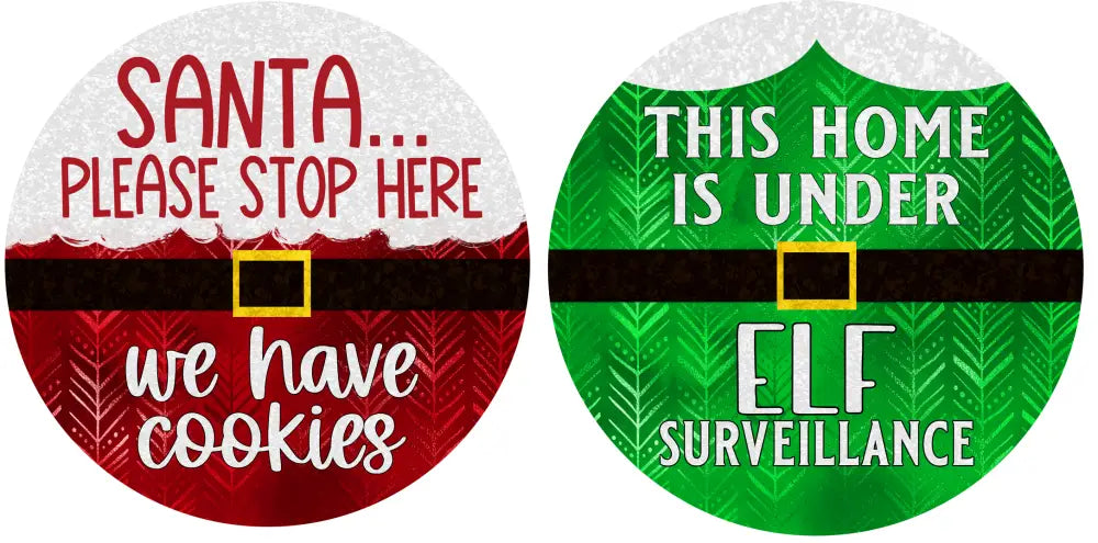 Elf And Santa Metal Sign Ornament Set