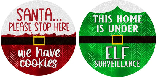 Elf And Santa Metal Sign Ornament Set