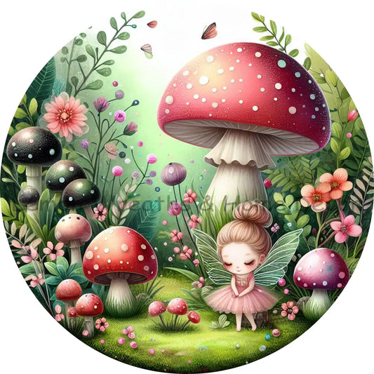 Fairy Garden Florals & Polka Dot Mushrooms Metal Sign