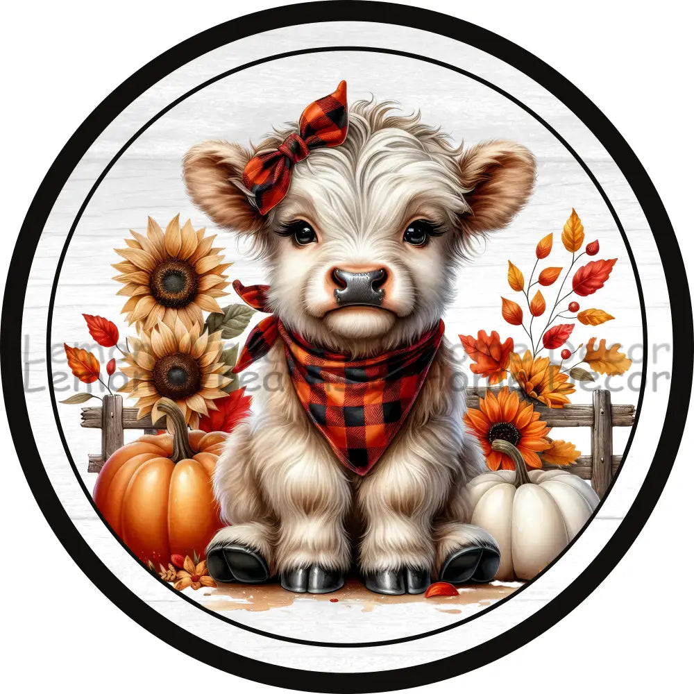 Fall Baby Highland W/Checkered Scarf And Bow Metal Sign