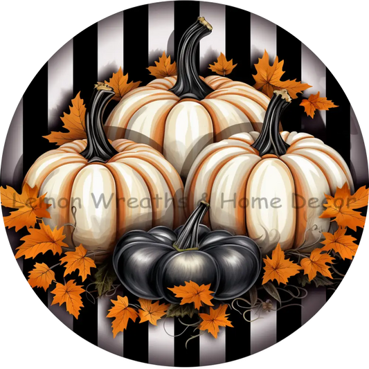 Fall Pumpkins & Leaves W/Striped Background Metal Sign