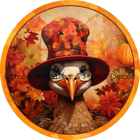 Fall Turkey With Leaf Hat Metal Sign