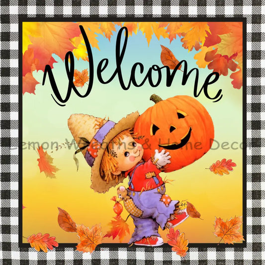 Fall Welcome Scarecrow Boy Metal Sign 8
