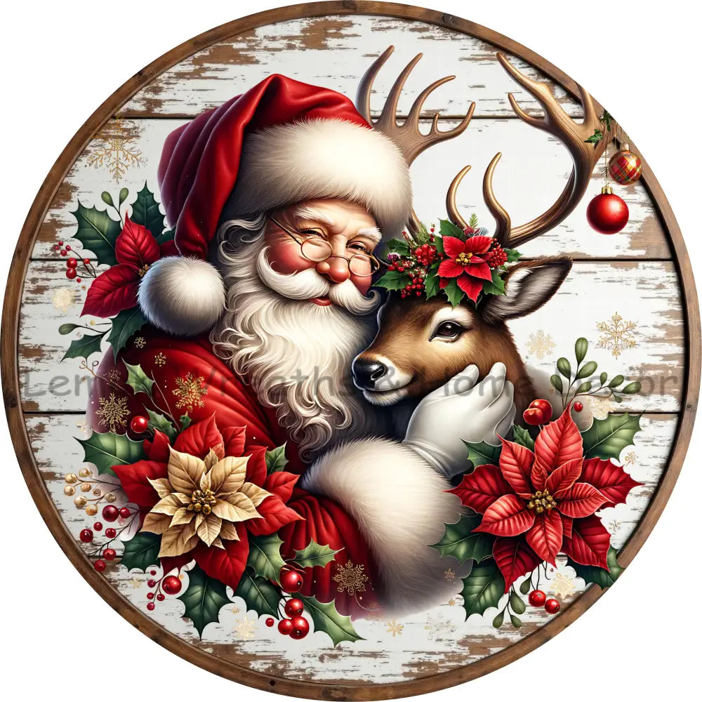 Farmhouse Santa and Reindeer w/Poinsettias Metal Sign