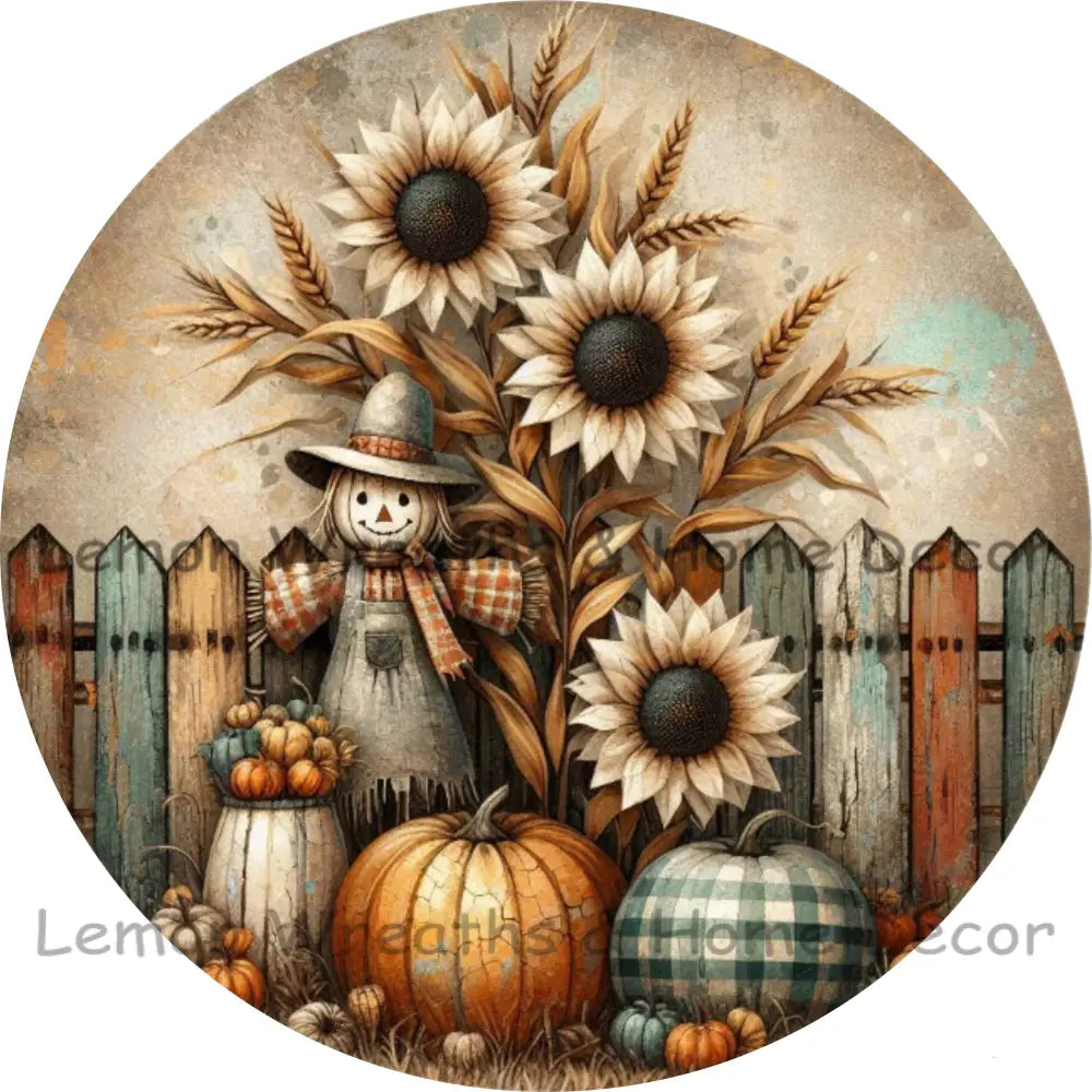 Farmhouse Scarecrow And Buffalo Plaid Pumpkins Fall Metal Sign