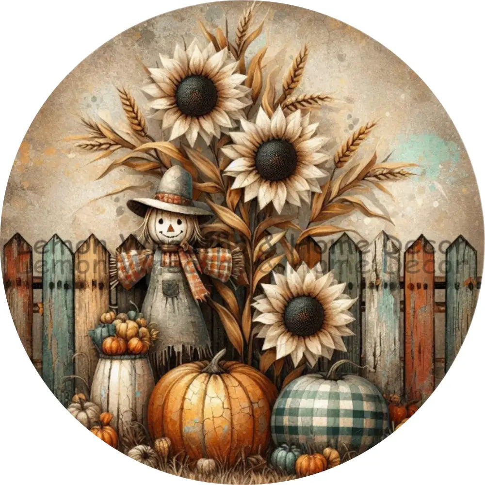 Farmhouse Scarecrow And Buffalo Plaid Pumpkins Fall Metal Sign