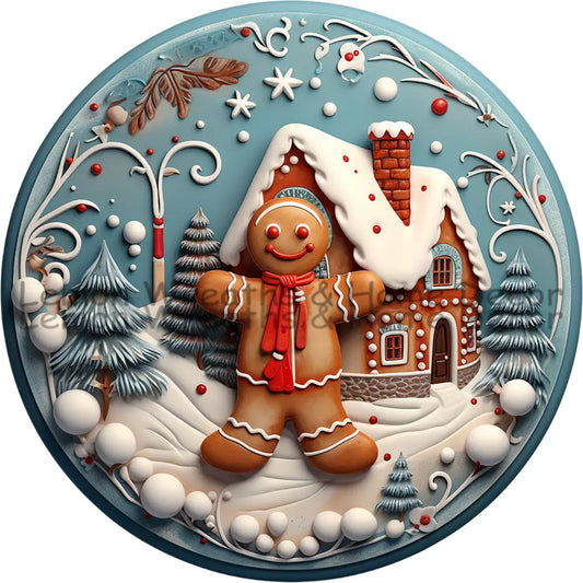 Faux 3D Gingerbread House And Boy Metal Sign