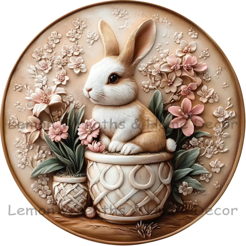 Faux 3D Rustic Bunny Floral Pots Metal Sign